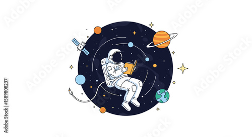Astronaut floating in space with planets stars and satellites surrounding an amazing cosmic journey