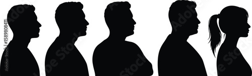 Silhouette of diverse people in profile, unity, teamwork concept, blurred faces, black and white, diversity group, business community, harmonySilhouette of diverse people in profile, unity