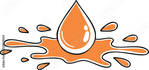 Cartoon drop and splatter. Orange stain of paint and ink with splashes. 3d render.bubble, drip, droplet, effect, ink, liquid, messy, paint, render, splash, splatter, spot, spray, stain, vector 