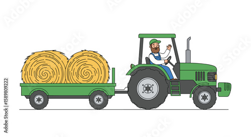 Farmer driving green tractor pulling trailer filled with hay bales and dog