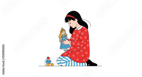 A young girl's joyful playtime with her beloved doll and toy building blocks