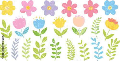 Wallpaper Mural Flower crayon watercolor spring floral set. Hand drawn pastel crayon flower, leaf, plant with chalk texture. Cute nature background.children, border, chalk, colours, draw, kindergarten, mother, paint, Torontodigital.ca