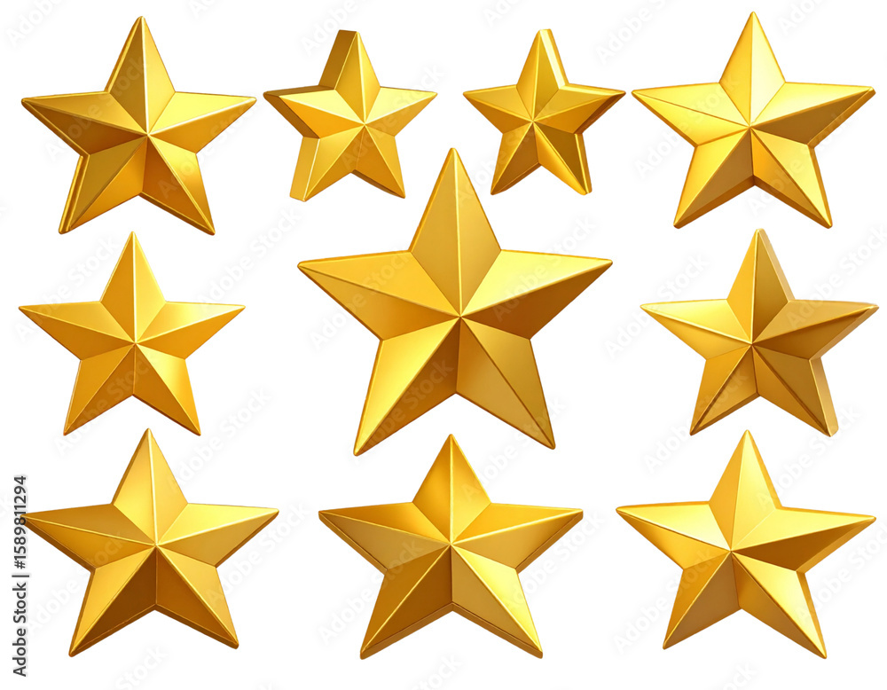 Obraz premium Set Floating Angular 3D Gold Star with Sharp Facets and Bright Highlights, Isometric View, Isolated PNG.