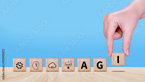 AGI concept, Artificial general intelligence, AI knowledge learning technology, AGI is the future of modern world, combination of humans and AI