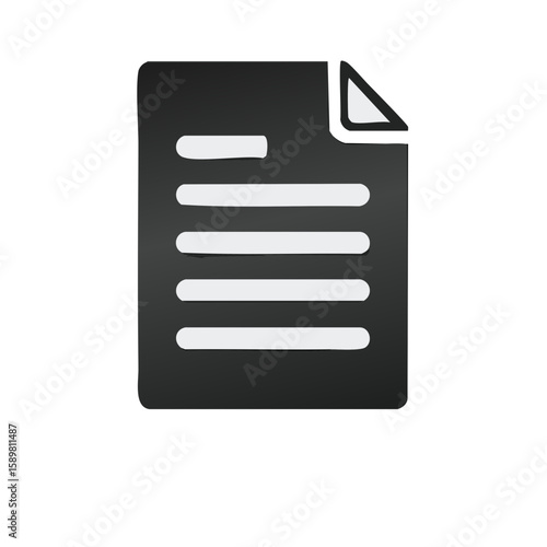 Modern black file icon with white text lines, document, paper, graphic illustration with flipped corner, isolated