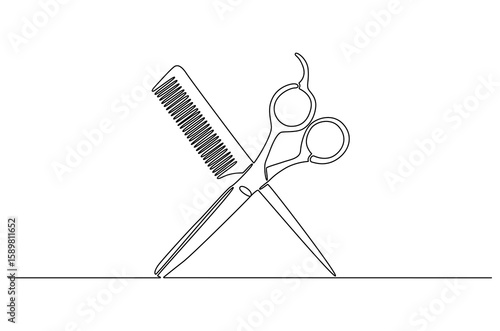 Continuous one line drawing of Scissor and comb icon. Single line drawing illustration of Crossed scissors and combs. Barbershop and salon concept vector art. Doodle line illustration.