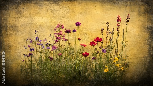 Vibrant Wildflower Meadow on Golden Textured Background