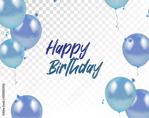 Blue Realistic shiny balloons and confetti and happy birthday announcement, celebration party.