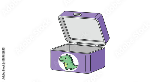 Cute dinosaur themed purple lunchbox with open lid showing the inside and a round sticker of a smiling green dinosaur on the front