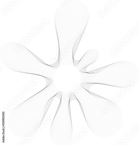 A central hollow circle surrounded by radial rays extending outward in a drop-like form, creating a symmetrical geometric design.