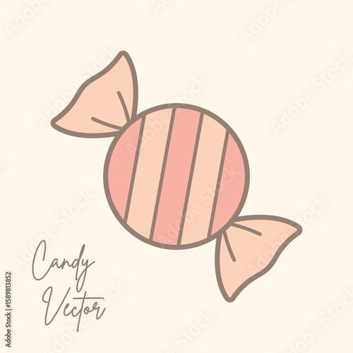 Cute Pink Wrapped Candy Vector Illustration – Hand Drawn Sweet Chocolate Clipart – Striped Caramel Treat for Kids, Dessert, Birthday, Baby Shower, Confectionery, Minimal Pastel Design Element.