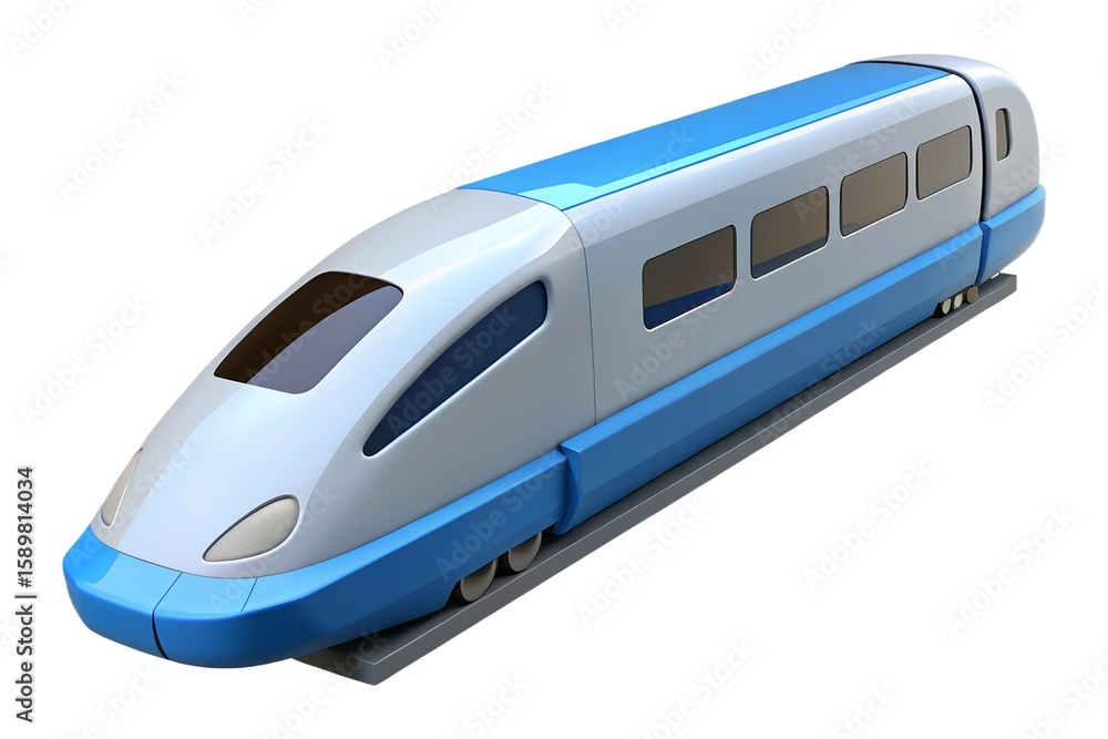 Modern high speed passenger train with blue and silver accents Modern high speed passenger train with blue and silver accents