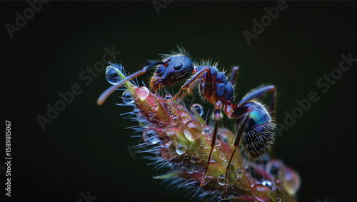 Macro shot of ant with iridescent body on dew covered plant insect wildlife