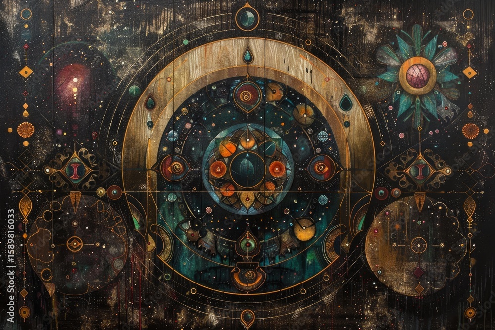 Fototapeta premium Intricate cosmic mandala painting depicting universe, spirituality, and esoteric knowledge, with vibrant colors and symbolic elements