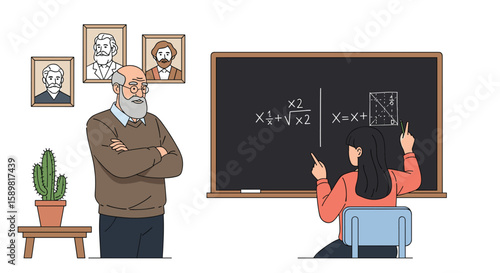 A wise professor observes a dedicated student solving complex mathematical equations on a blackboard during a stimulating educational lesson