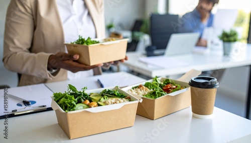 Having a lunch break at the office with delicious Healthy food delivery in take away, business people working together in office