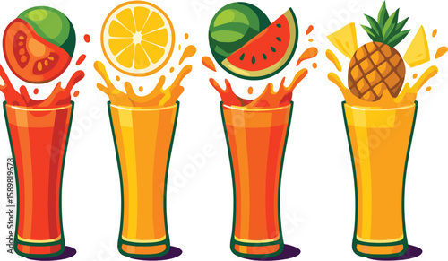 🍹🌈 Colorful Juice Splash! This vibrant vector features four fruity juices—tomato, lemon, watermelon, and pineapple—bursting with flavor! Add freshness to your project today! 🍍✨