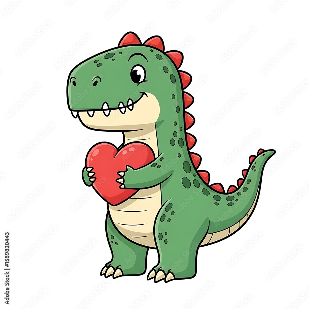 Obraz premium Adorable Cartoon Dinosaur Holding Heart; Valentine's Day, Kids, Love, Friendly