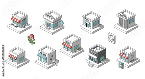 Isometric pixel art buildings with detailed facades for city builders and simulation games