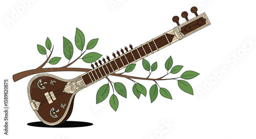 Acoustic indian sitar instrument with natural green leaves and branch in artistic artistic rendering