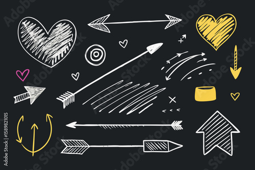 Chalk Brush Hand Drawn Arrow and Heart Elements Set for Creative Design Projects