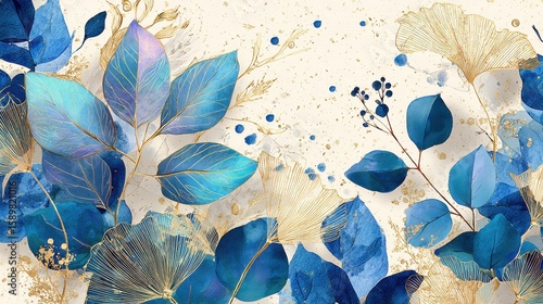 Spring floral in watercolor vector background. Luxury wallpaper design with leaf branch, eucalyptus, line art, golden texture. Elegant gold botanical illustration suitable for fabric, prints, cover.,