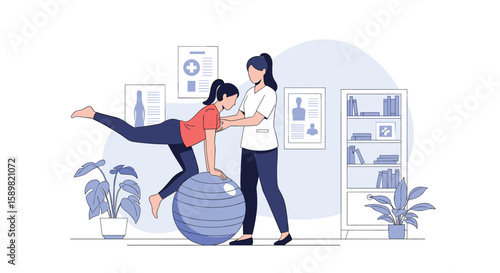 Physical therapy patient undergoing balance training with instructor support on exercise ball in clinic setting