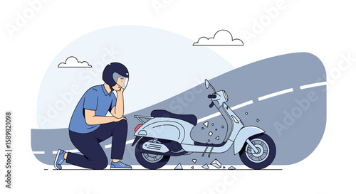 A person inspecting their broken down scooter on the side of a dusty road
