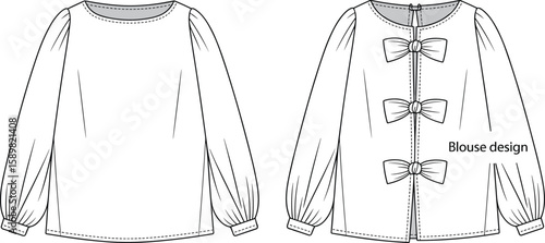  Elegant White Blouse Design Technical Fashion Flat Sketch - Long Puff Sleeves and Decorative Back Bows, Apparel Vector Template