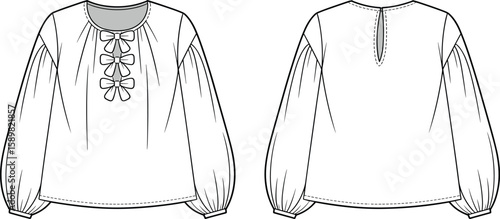 Stylish White Peasant Blouse Design Technical Fashion Flat Sketch - Front Bow Detail, Long Voluminous Sleeves, Apparel Template
