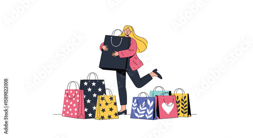 Excited shopper with many colorful bags happiness enjoying shopping spree fun day out leisure activity purchasing items consumerism weekend retail therapy