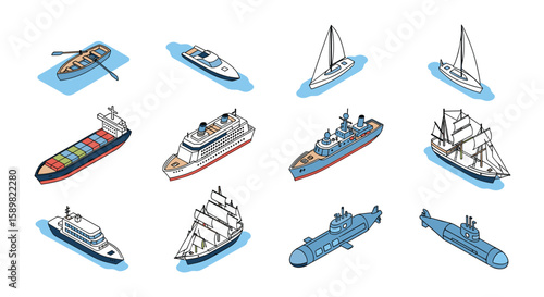 Collection of various nautical vessels transporting goods and people across waterways worldwide