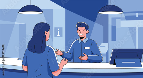 Customer service representative assisting a visitor at a reception desk offering information and support
