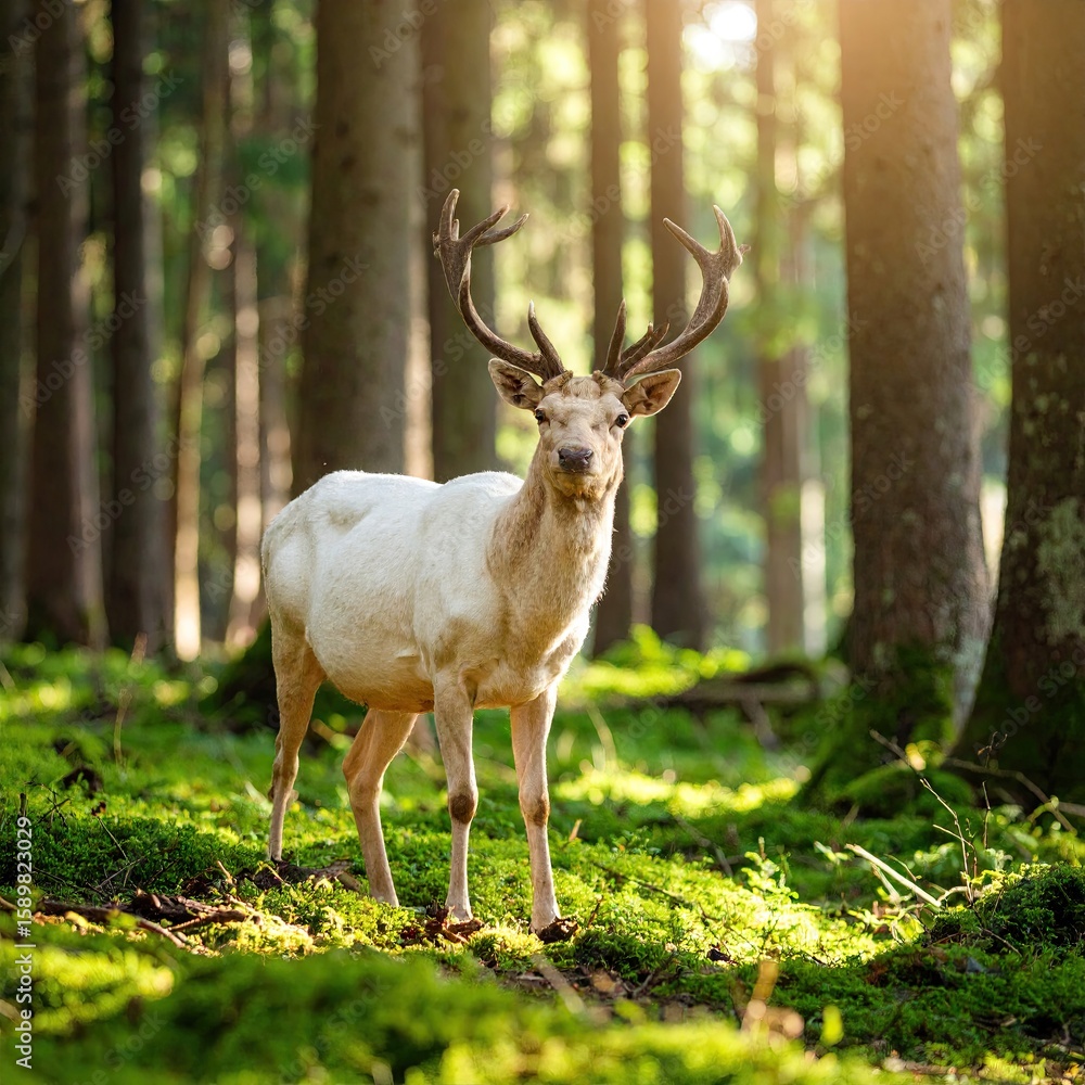 White deer in a sunlit forest White deer in a sunlit forest