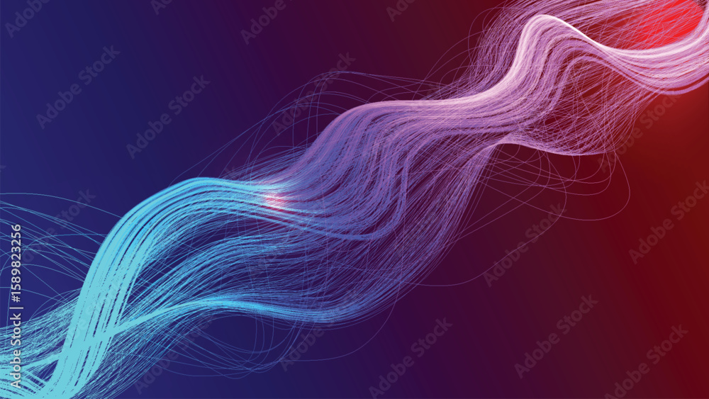 Naklejka premium Abstract digital background featuring luminous, flowing lines in a blue to red gradient, representing data streams, technology, or energy flow.