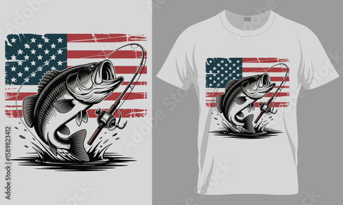 "American Flag Fishing T-Shirt Design with Jumping Bass & Rod | Patriotic Distressed Angler Tee"

