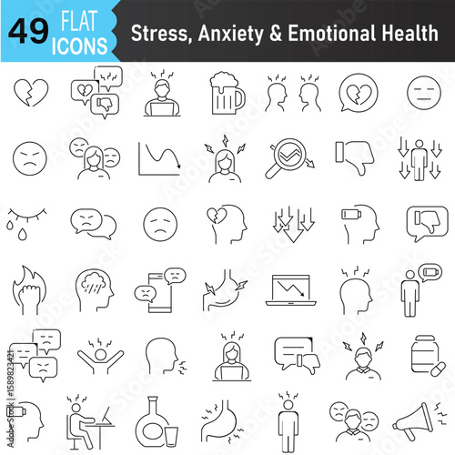 Stress, Anxiety and Emotional Health outline Icons set. Editable Vector stroke pictograms. illustration EPS10