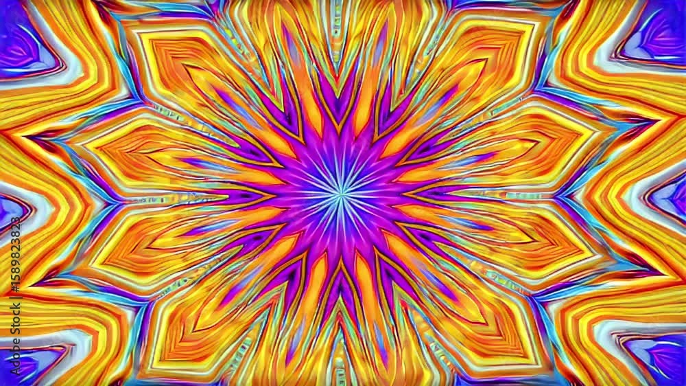 Kaleidoscope effect video: vibrant colors, geometric patterns morphing and overlapping slowly in a loop. 
