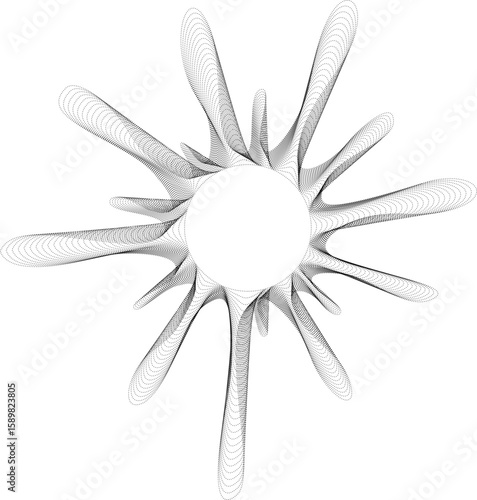 Abstract design with a central hollow circle and radial dotted extensions forming radiating lines in multiple directions.