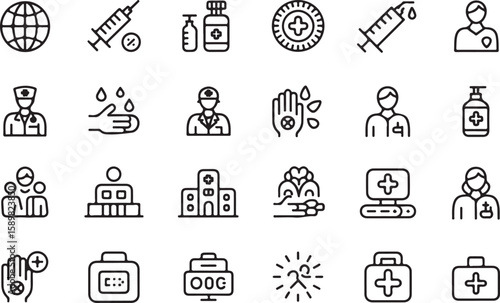 Medical icons representing healthcare and wellness syringe globe