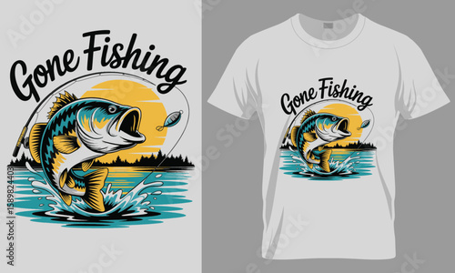 "Gone Fishing T-Shirt Design with Jumping Bass, Sunset & Lake Water Splash | Angler Life"

