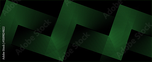 Abstract elegant black background with shiny green geometric lines. Modern green diagonal rounded lines pattern.Horizontal banner template. Suitable for covers, posters, presentations, vectors