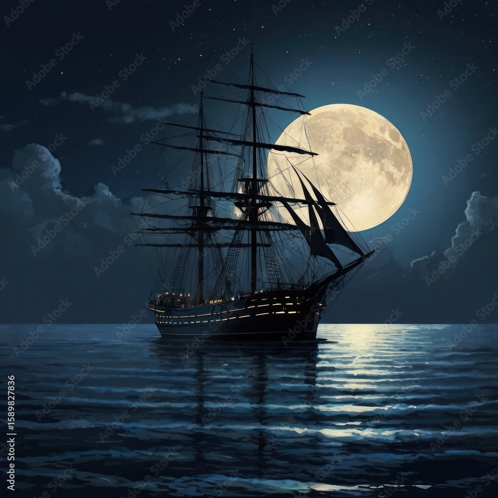Fototapeta premium Silhouetted ship at night, moonlit sea