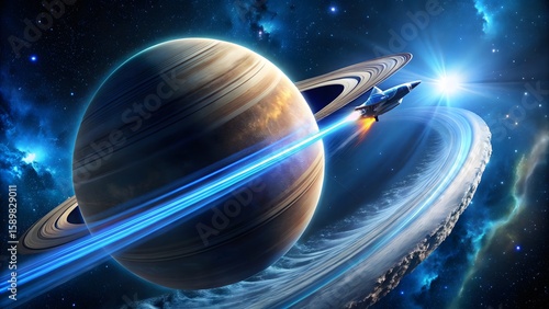 Photo of a sleek spaceship with glowing blue engines streaks past the majestic rings of saturn in deep space