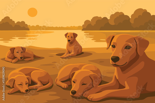 🐾 LAKESIDE PAWSE: Five dogs lounge by a glowing sunset shore, exuding calm warmth. Download now to infuse serene, cozy vibes into your next design and capture pure harmony! 🌅🐕🍂🌄❤️ bliss 
