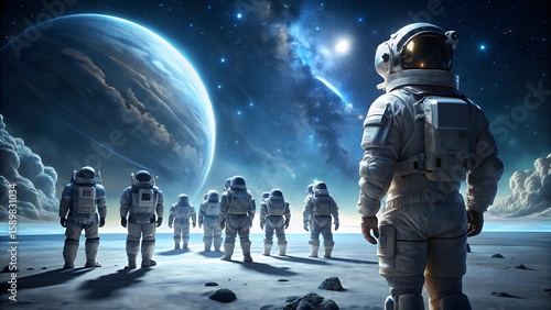 Photo of a team of astronauts in advanced space suits stand on an alien planets surface, gazing towards a colossal planet hanging in the starfilled cosmic sky