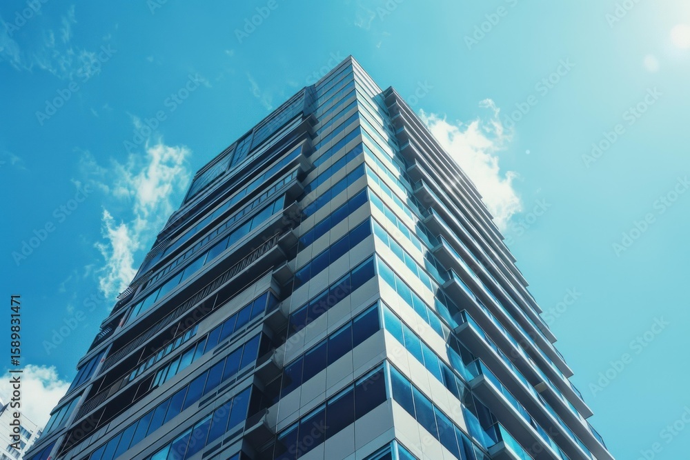 Low angle view of a modern glass skyscraper rising against a vibrant blue sky with fluffy white clouds, conveying growth and success Low angle view of a modern glass skyscraper rising against a vibrant blue sky with fluffy white clouds, conveying growth and success
