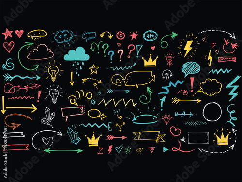 Colorful Hand Drawn Doodle Icons Set on Black – Arrows, Speech Bubbles, Crowns, Clouds, Hearts, and Sketchy Elements Vector Collection