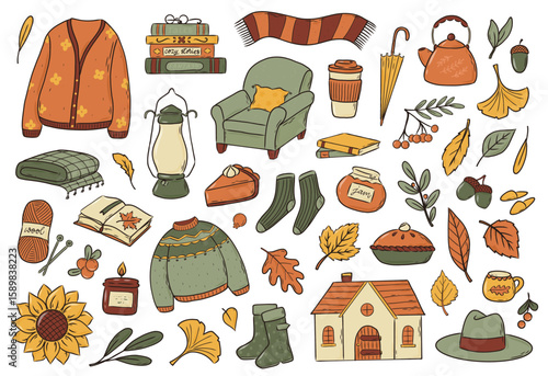Cozy autumn doodles collection, cartoon elements clipart for prints, cards, posters, banners, signs, planners, stationery, social media decor, etc. EPS 10