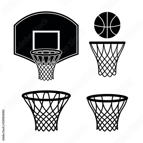 Collection of black silhouette basketball hoops and ball on white background